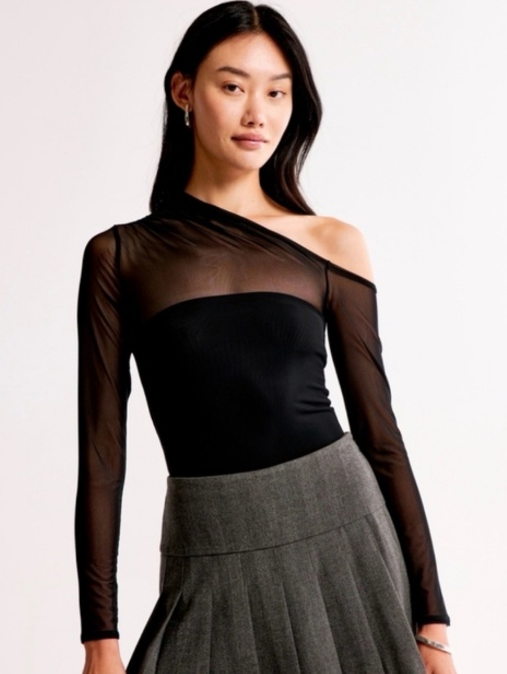 Abercrombie & Fitch Long-Sleeve Asymmetrical Draped Mesh Bodysuit Size Large